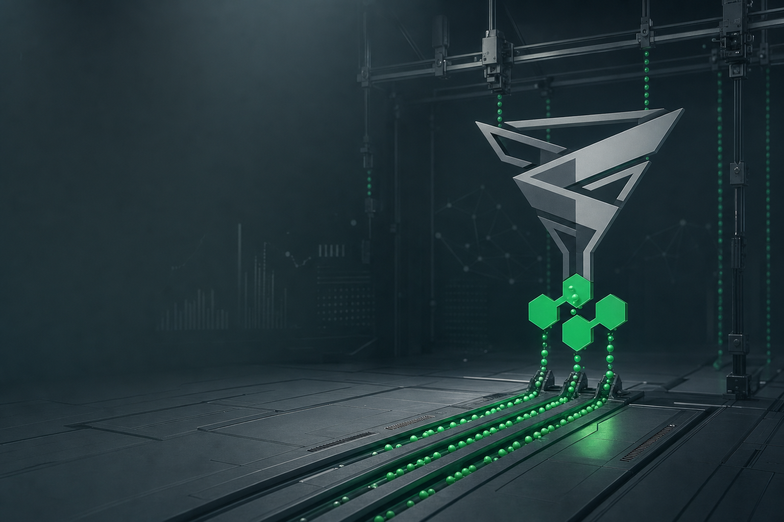 The Pons Launchscan funnel suspended in a facility, green data chains streaming down onto tracks
